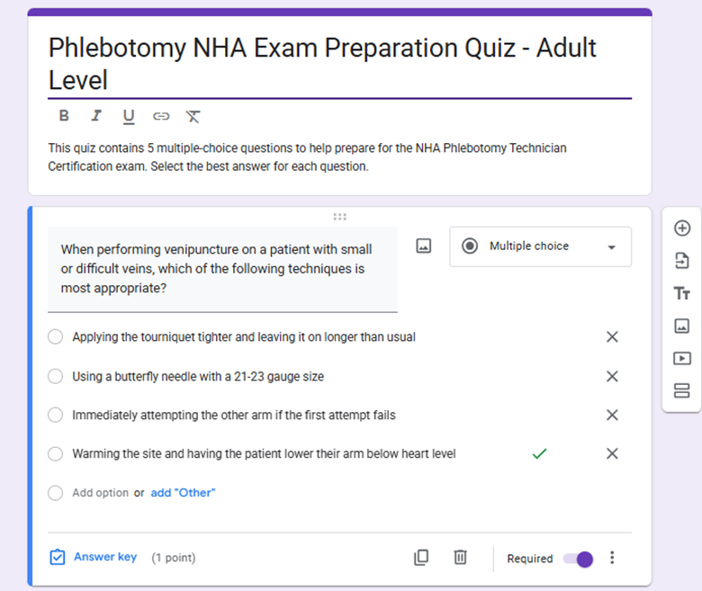 A screenshot of the same quiz in Google Forms showing the correct answer and point value.
